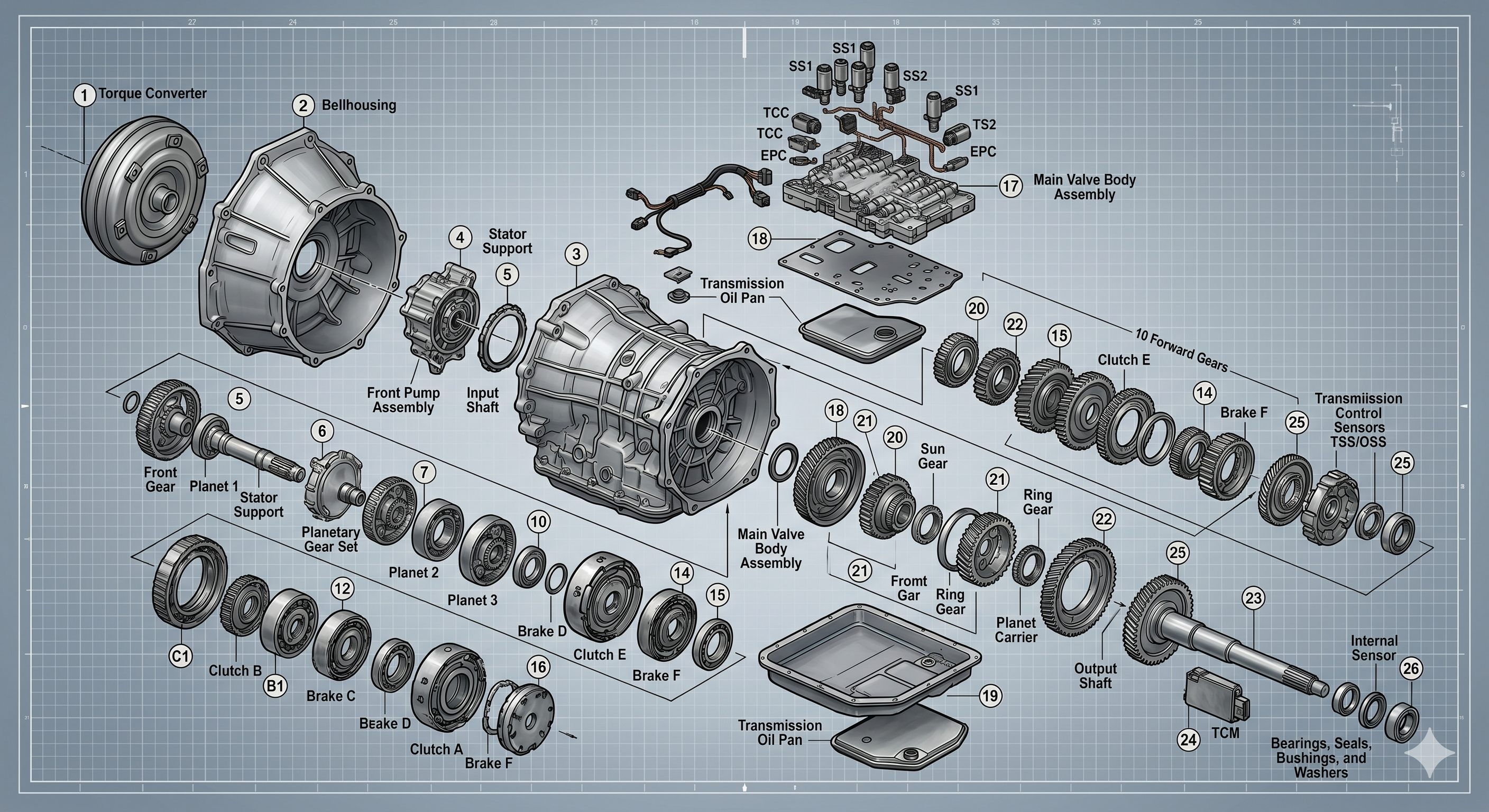 Technical exploded transmission diagram