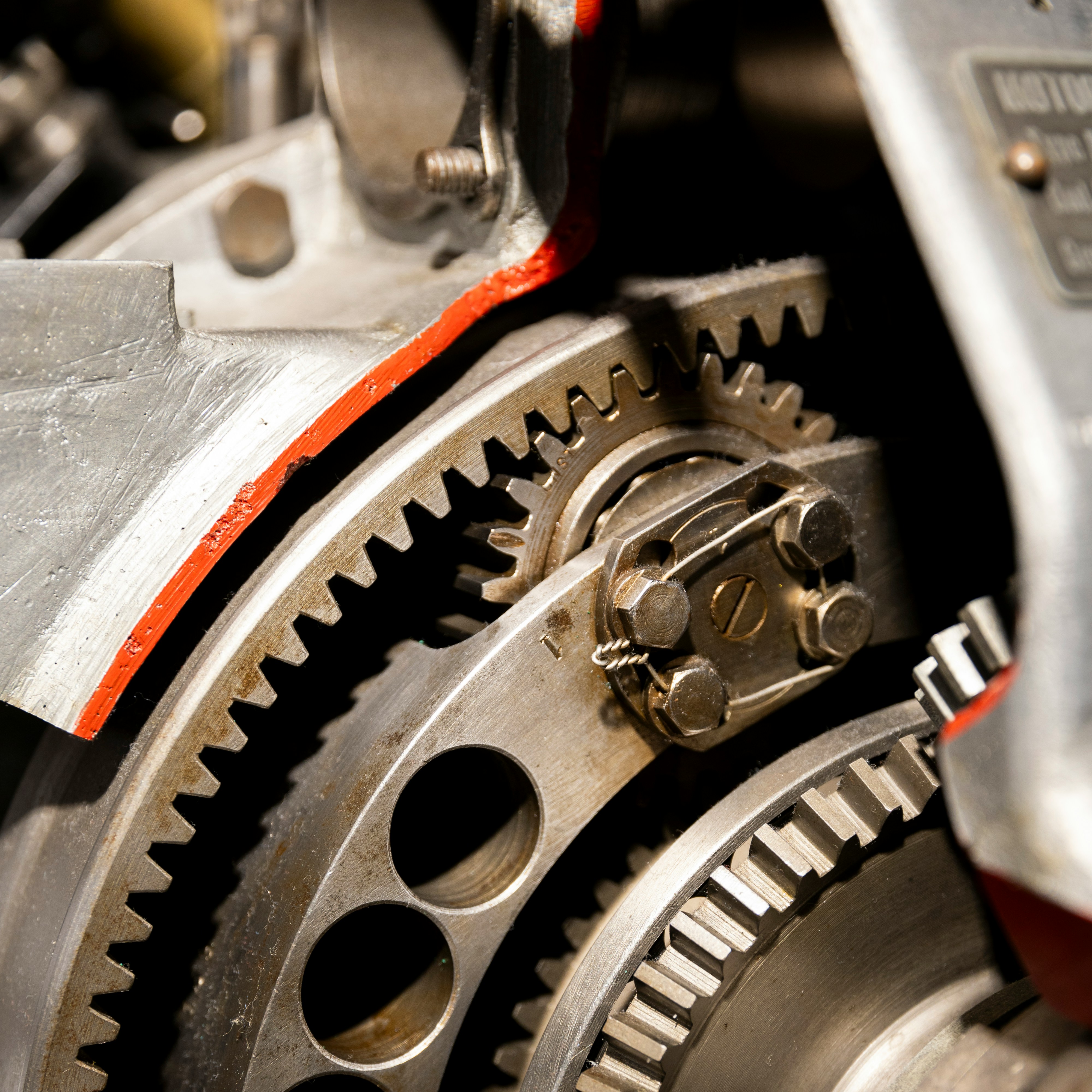 Transmission gear train with red accents